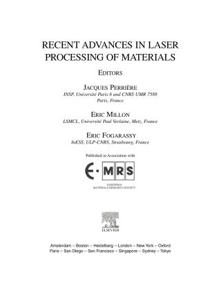 Cover image: Recent Advances in Laser Processing of Materials 9780080447278