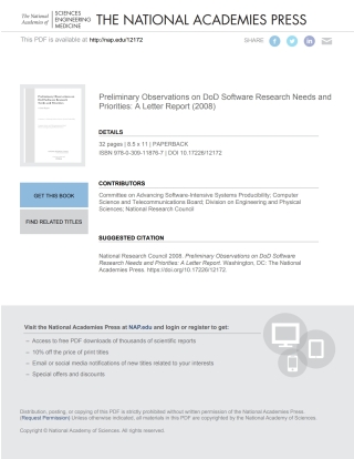 صورة الغلاف: Preliminary Observations on DoD Software Research Needs and Priorities 9780309118767