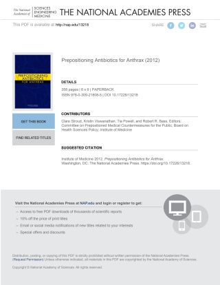 Imagen de portada: Prepositioning Antibiotics for Anthrax 9780309218085