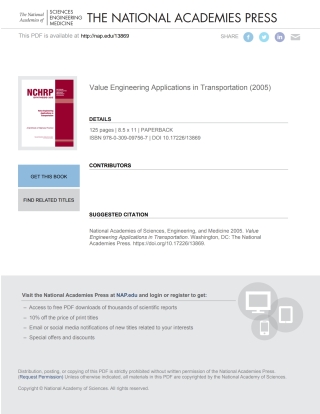 Cover image: Value Engineering Applications in Transportation 9780309097567