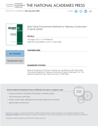 Imagen de portada: Best-Value Procurement Methods for Highway Construction Projects 9780309098588