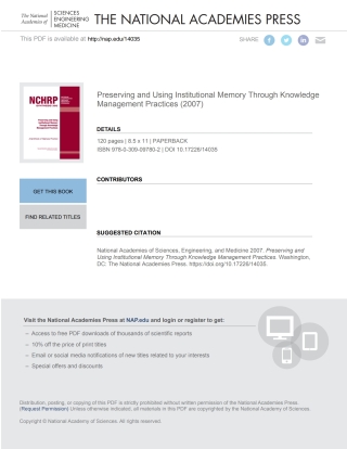 Imagen de portada: Preserving and Using Institutional Memory Through Knowledge Management Practices 9780309097802