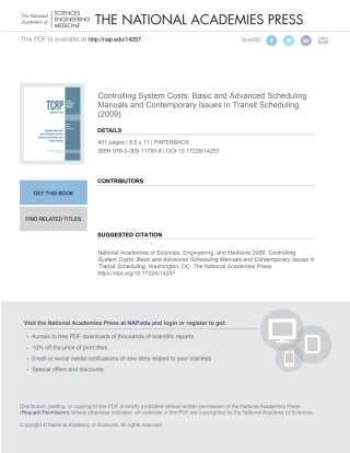 Cover image: Controlling System Costs: Basic and Advanced Scheduling Manuals and Contemporary Issues in Transit Scheduling 9780309117838