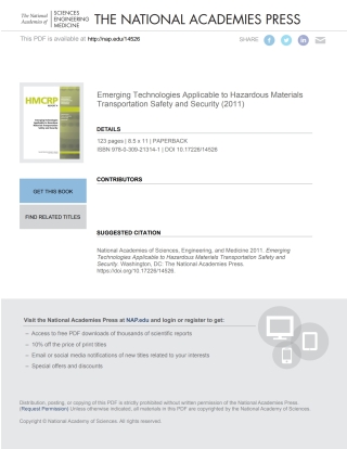 Cover image: Emerging Technologies Applicable to Hazardous Materials Transportation Safety and Security 9780309213141