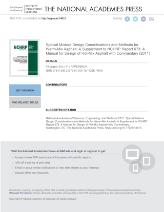 Imagen de portada: Special Mixture Design Considerations and Methods for Warm-Mix Asphalt: A Supplement to NCHRP Report 673: A Manual for Design of Hot-Mix Asphalt with Commentary 9780309213738