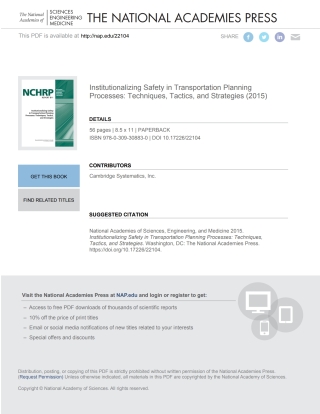 Cover image: Institutionalizing Safety in Transportation Planning Processes: Techniques, Tactics, and Strategies 9780309308830