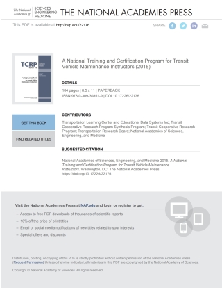 Cover image: A National Training and Certification Program for Transit Vehicle Maintenance Instructors 9780309308519