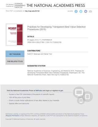 Imagen de portada: Practices for Developing Transparent Best Value Selection Procedures 9780309271691