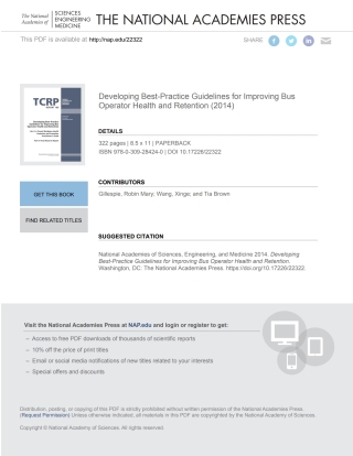 Imagen de portada: Developing Best-Practice Guidelines for Improving Bus Operator Health and Retention 9780309284240