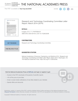 Imagen de portada: Research and Technology Coordinating Committee Letter Report: March 2014 9780309434195