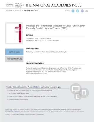 Cover image: Practices and Performance Measures for Local Public Agency Federally Funded Highway Projects 9780309223829
