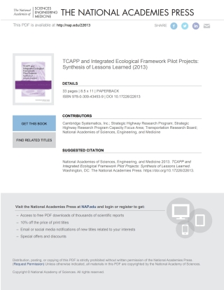Imagen de portada: TCAPP and Integrated Ecological Framework Pilot Projects: Synthesis of Lessons Learned 9780309434539