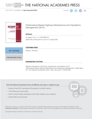Cover image: Performance-Based Highway Maintenance and Operations Management 9780309223478
