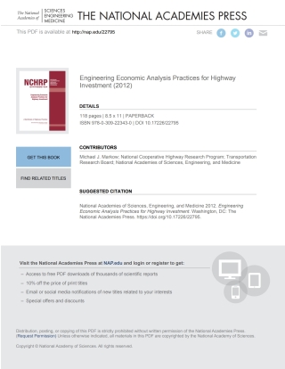 Cover image: Engineering Economic Analysis Practices for Highway Investment 9780309223430