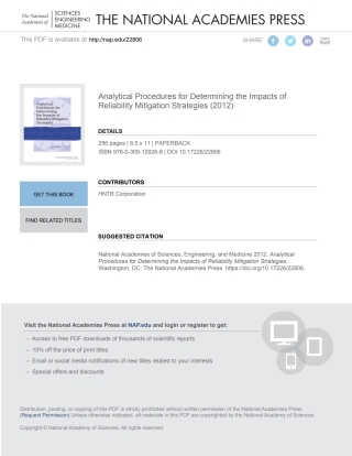 Imagen de portada: Analytical Procedures for Determining the Impacts of Reliability Mitigation Strategies 9780309129268