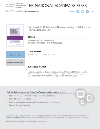 Cover image: Framework for Collaborative Decision Making on Additions to Highway Capacity 9780309128964