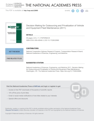 Imagen de portada: Decision Making for Outsourcing and Privatization of Vehicle and Equipment Fleet Maintenance 9780309430463
