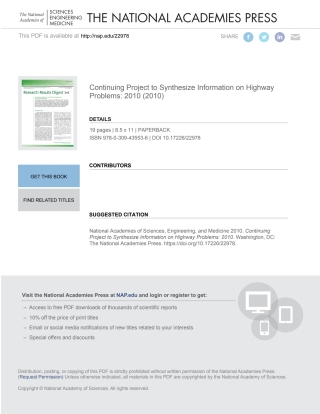 Cover image: Continuing Project to Synthesize Information on Highway Problems: 2010 9780309435536