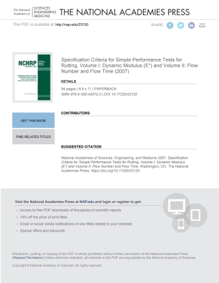 Imagen de portada: Specification Criteria for Simple Performance Tests for Rutting, Volume I: Dynamic Modulus (E*) and Volume II: Flow Number and Flow Time 9780309420723