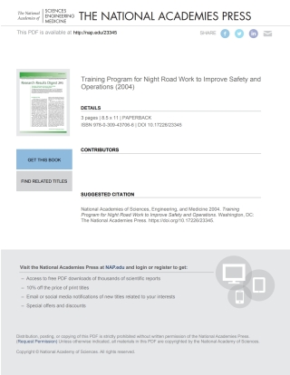 Imagen de portada: Training Program for Night Road Work to Improve Safety and Operations 9780309437066