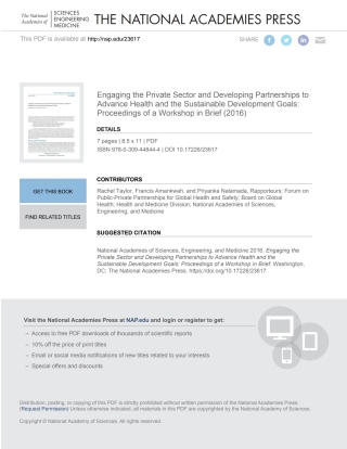 Imagen de portada: Engaging the Private Sector and Developing Partnerships to Advance Health and the Sustainable Development Goals 9780309448444