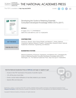 Imagen de portada: Developing the Guide to Retaining Essential Consultant-Developed Knowledge Within DOTs 9780309469746