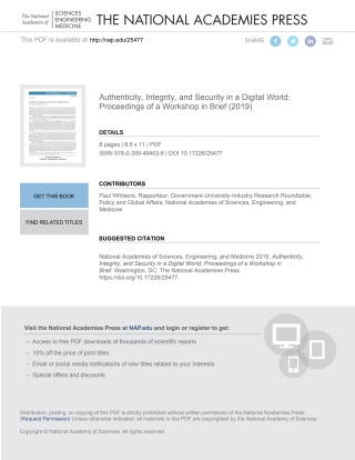 Imagen de portada: Authenticity, Integrity, and Security in a Digital World 9780309494038