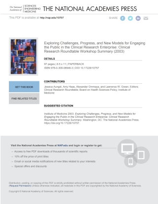 Cover image: Exploring Challenges, Progress, and New Models for Engaging the Public in the Clinical Research Enterprise 9780309089463