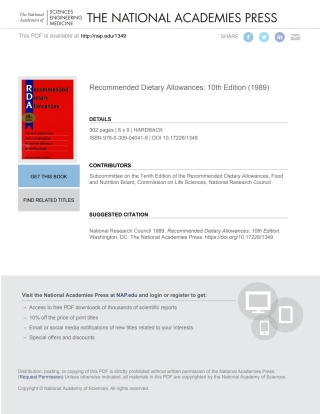 Imagen de portada: Recommended Dietary Allowances 10th edition 9780309046336