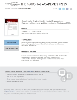 Cover image: Guidelines for Drafting Liability Neutral Transportation Engineering Documents and Communication Strategies 9780309481694