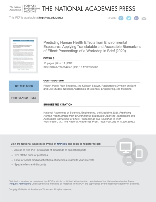 Imagen de portada: Predicting Human Health Effects from Environmental Exposures: Applying Translatable and Accessible Biomarkers of Effect 9780309684255