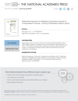 Cover image: Watershed Approach to Mitigating Hydrologic Impacts of Transportation Projects: Conduct of Research Report 9780309695404