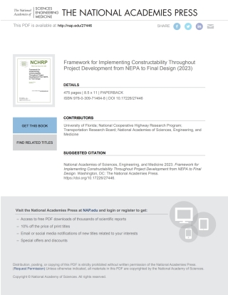 Imagen de portada: Framework for Implementing Constructability Throughout Project Development from NEPA to Final Design 9780309714648