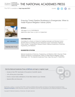 Cover image: Ensuring Timely Pipeline Shutdowns in Emergencies: When to Install Rupture Mitigation Valves 9780309716413