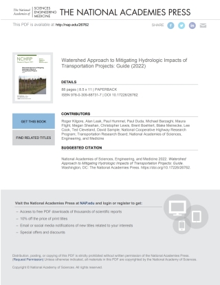 Cover image: Watershed Approach to Mitigating Hydrologic Impacts of Transportation Projects: Guide 9780309687317