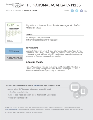 Imagen de portada: Algorithms to Convert Basic Safety Messages into Traffic Measures 9780309687362