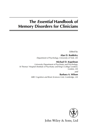 Imagen de portada: The Essential Handbook of Memory Disorders for Clinicians 1st edition 9780470091418
