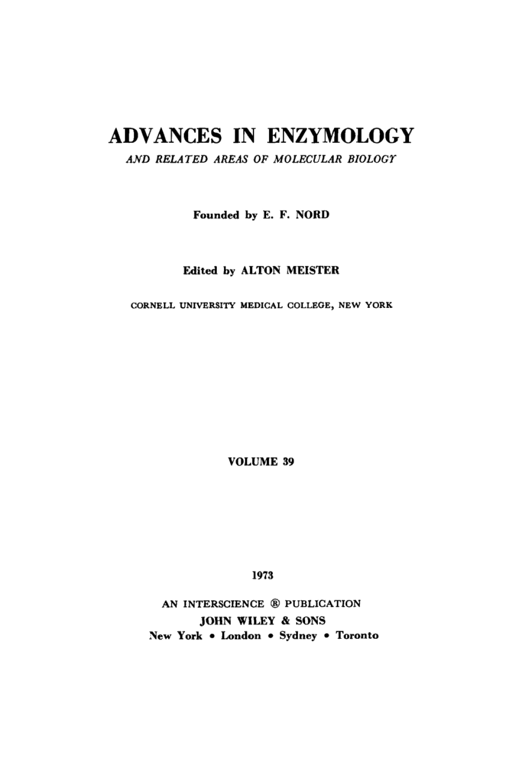 Advances in Enzymology and Related Areas of Molecular Biology 11th Edition
