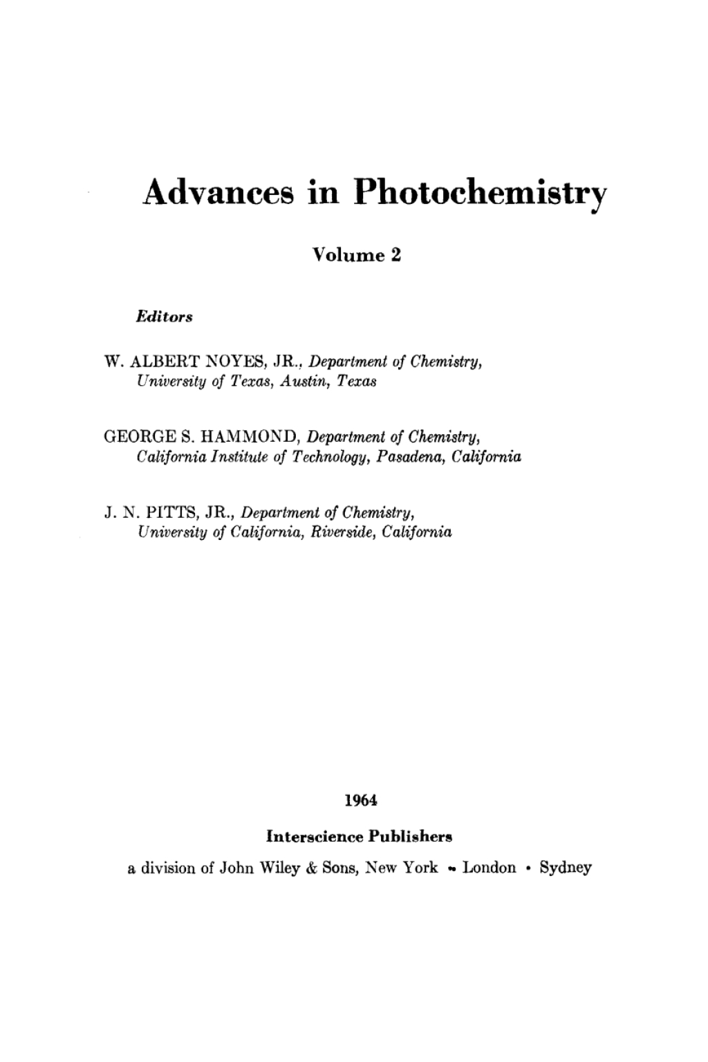 Advances in Photochemistry 1st Edition