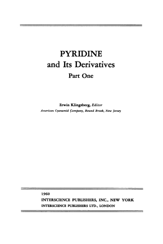 Imagen de portada: Pyridine and Its Derivatives, Part 1 99th edition 9780470379172