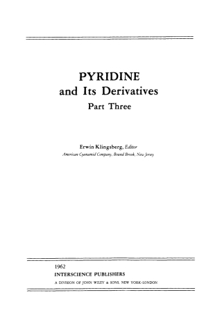 Imagen de portada: Pyridine and Its Derivatives, Part 3 99th edition 9780470379837
