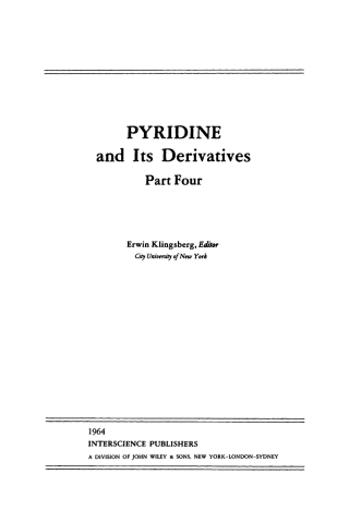 Imagen de portada: Pyridine and Its Derivatives, Part 4 99th edition 9780470380161