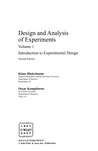 Cover image: Design and Analysis of Experiments, Volume 1: Introduction to Experimental Design 2nd edition 9780471727569