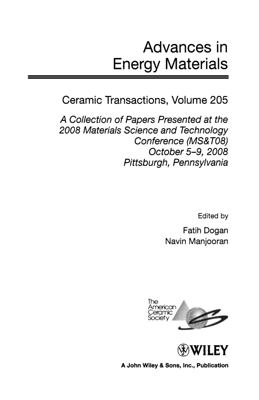 Advances in Energy Materials Ceramic Transactions, Volume 205 1st Edition