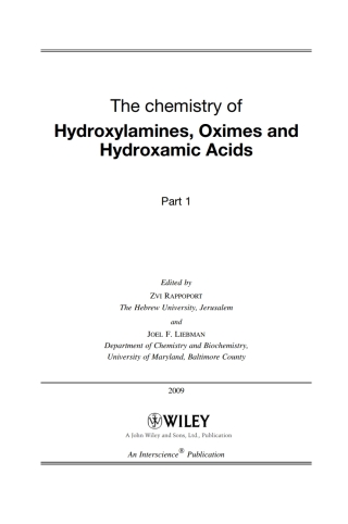 صورة الغلاف: The Chemistry of Hydroxylamines, Oximes and Hydroxamic Acids, Volume 1 1st edition 9780470512616