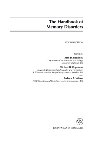 Cover image: The Handbook of Memory Disorders 2nd edition 9780471498193