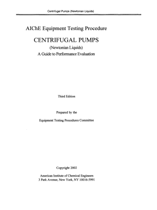 Cover image: AIChE Equipment Testing Procedure - Centrifugal Pumps (Newtonian Liquids) 3rd edition 9780816908769