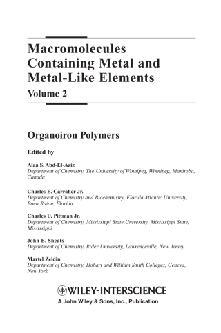 Imagen de portada: Macromolecules Containing Metal and Metal-Like Elements, Volume 2: Organoiron Polymers 1st edition 9780471450788