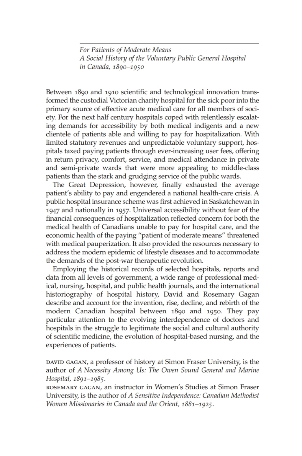 For Patients of Moderate Means A Social History of the Voluntary Public General Hospital in Canada, 1890-1950