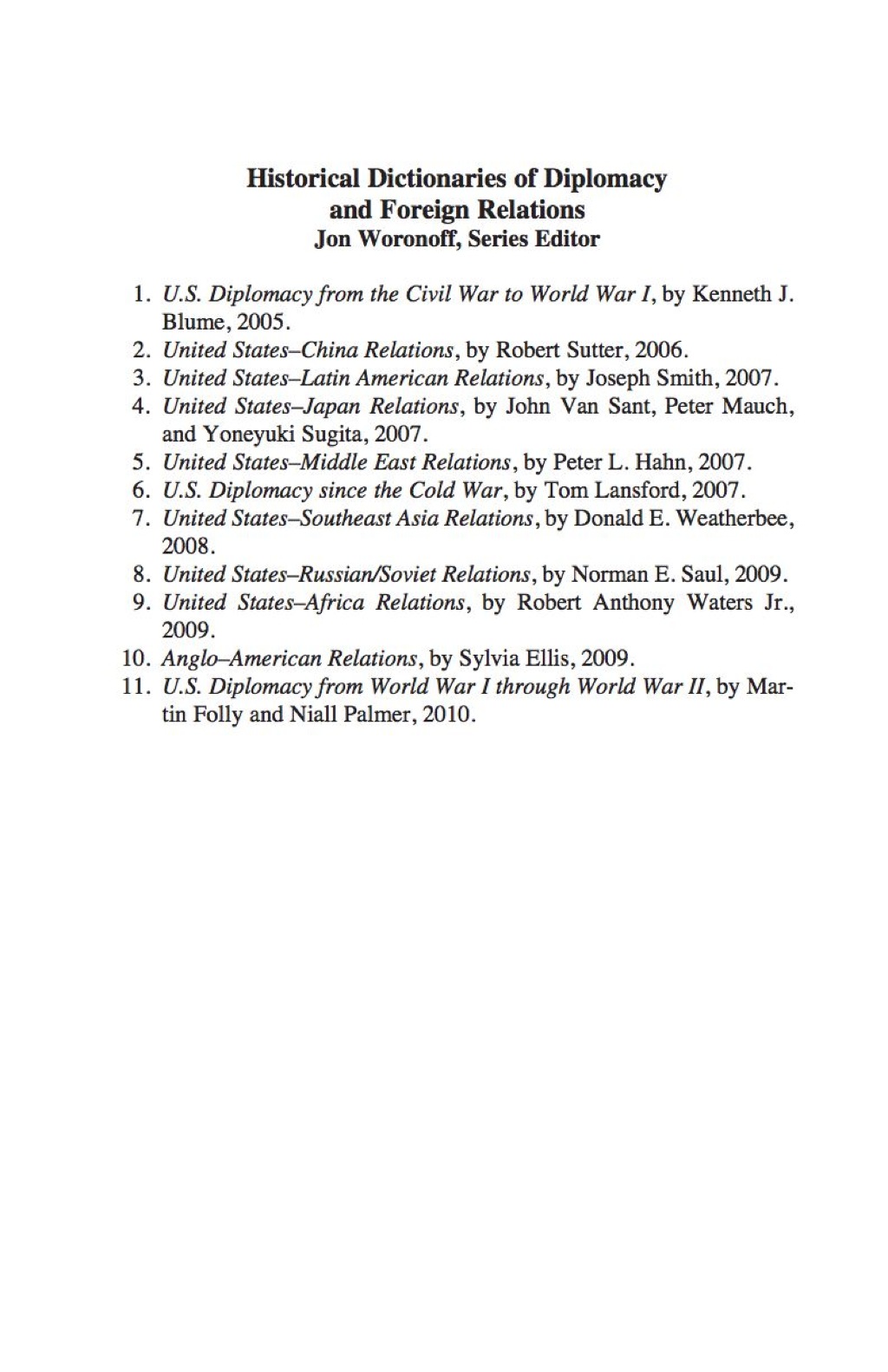 Historical Dictionary of U.S. Diplomacy from World War I through World War II